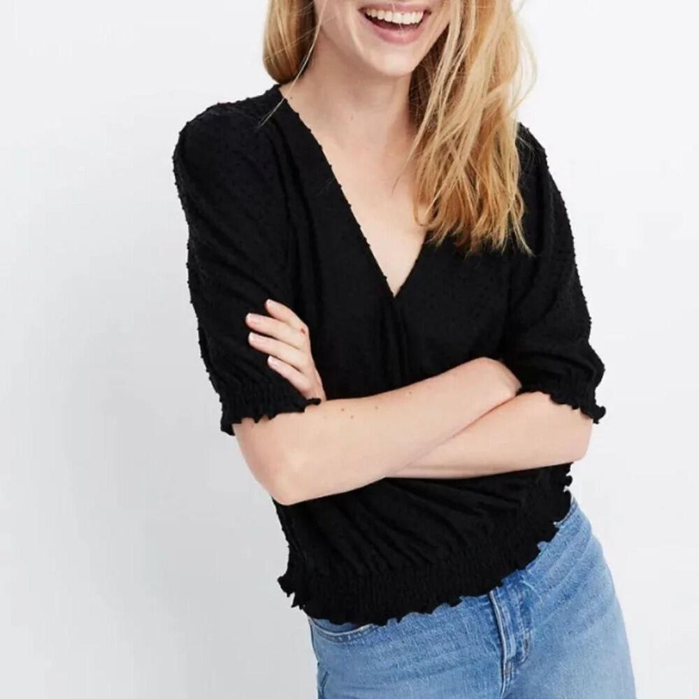 Madewell Texture & Thread Small Black Swiss Dot Polka Dot V-neck Blouse Size XS
